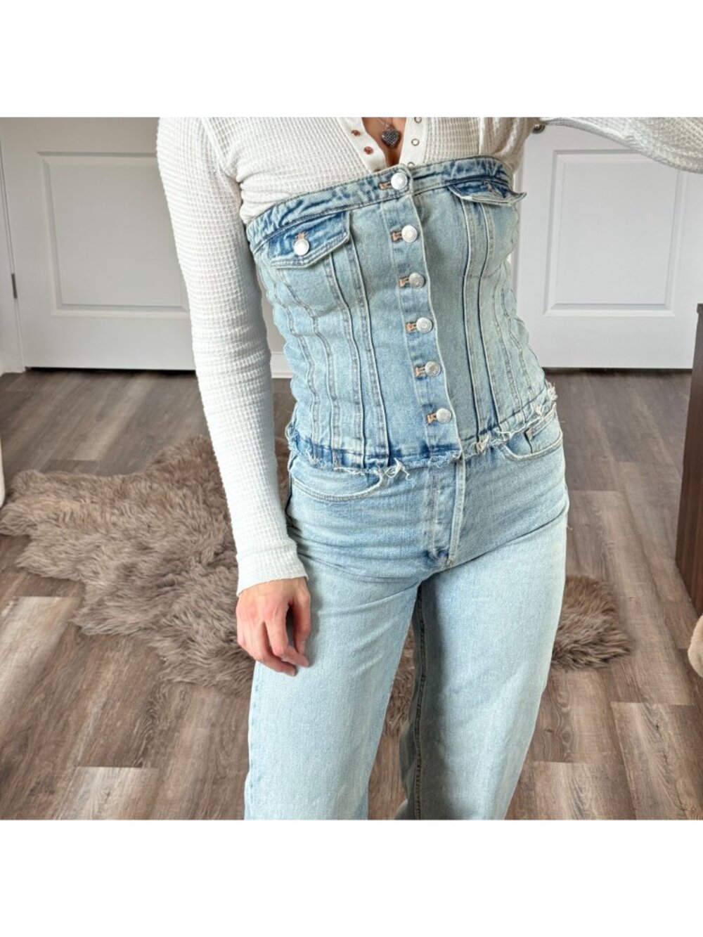 Zara Strapless Bustier Denim Jumpsuit Size XS Y2K Light Wash Straight Leg Jean - Picture 2 of 11